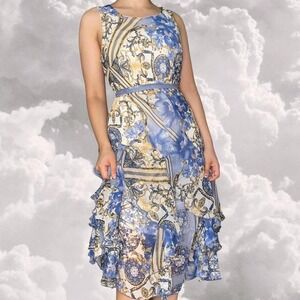 Vintage Blue and Yellow Gold Mermaid Ruffled Midi Dress with waist tie size 6